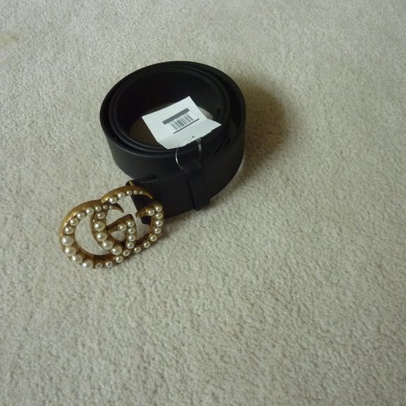 GUCCI Pearl Embellished \'GG\' Logo Smooth Leather Belt (Black) 90cm - NEW main image 8